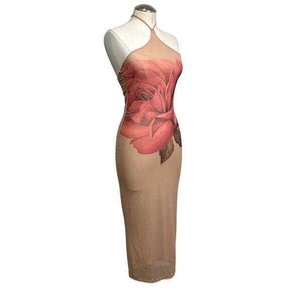Romantic Rose Mesh Halter Tie Back Bodycon Midi Dress Burnout - Picture 2 of 12